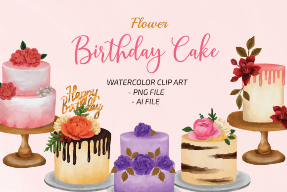 Flower Birthday Cake Watercolor Clipart for Print Templates