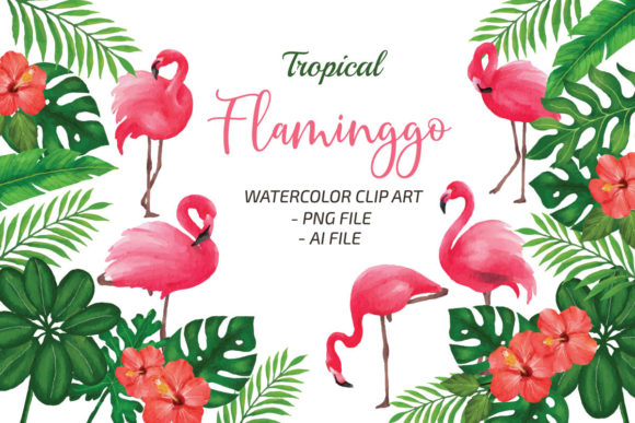 Tropical Flaminggo Watercolor Clip Art for Print Templates